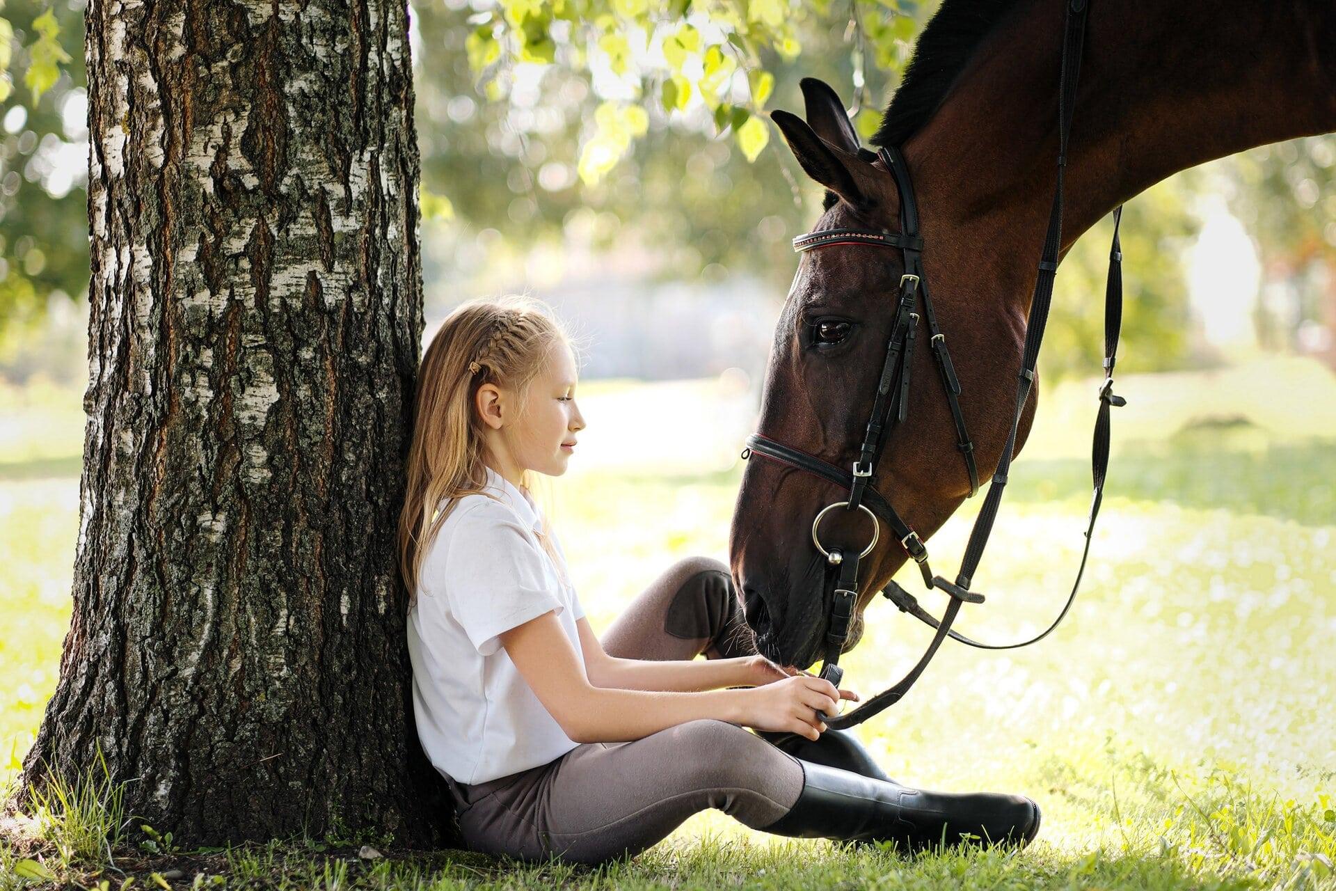 Fille et cheval près d'une écurie